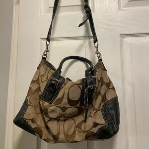 Coach Tan Signature Canvas Shoulder Bag with Black Leather Trim